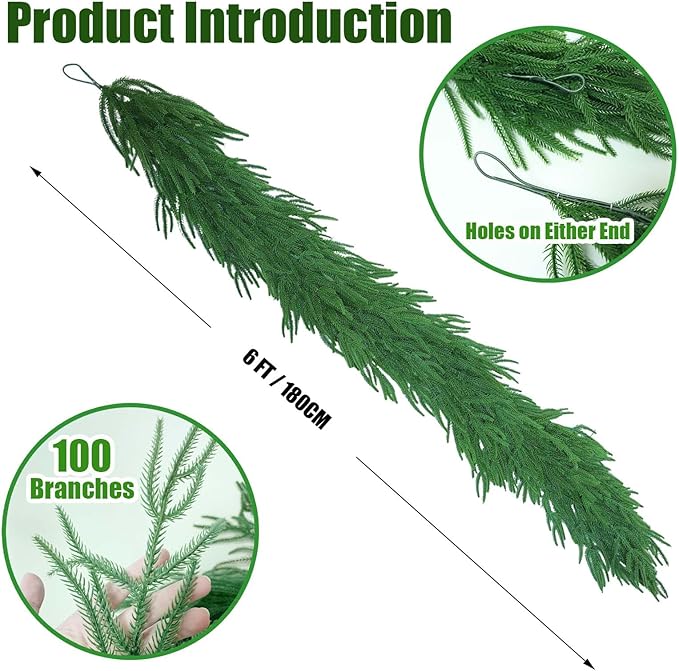 6FT Christmas Norfolk Pine Garland, Greenery Real Touch Decorations for Mantle Table Staircase Stair Railing Fireplace Mantel Porch Banister Holiday Home Winter Faux Xmas Indoor Outdoor Decor