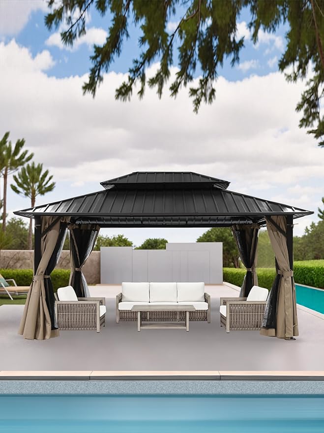 10' x 12' Hardtop Gazebo, Aluminum Frame Outdoor Patio Gazebo with Netting and Curtains, Outdoor Hardtop Gazebos, Patio Pergolas with Double Metal Roofs for Backyard, Patio, Deck, Sandstone