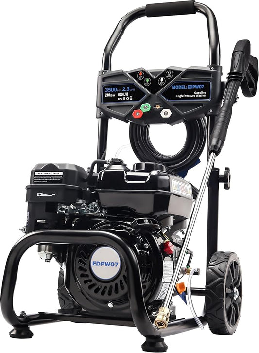 3500 PSI Gas Pressure Washer, 2.3 GPM ? Heavy Duty High Power with 209CC 7HP Engine, 25Ft Pressure Hose, Axial Aluminum Pump, Soap Tank, 4 Quick Connect Nozzles (Black)