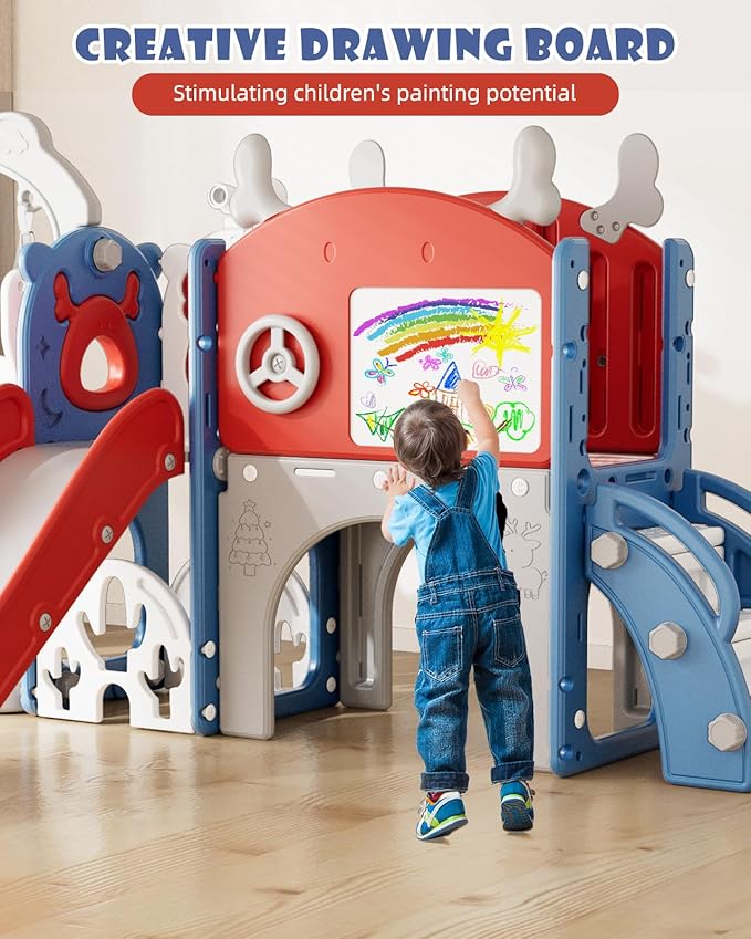 XJD 13-in-1 Toddler Slide and Swing Set, Kids Slide for Toddlers Age 1+, Toddler Outdoor Playset New Upgrade with Golf Set, Basketball Hoop, Drawing Board for Playground (Red Blue)