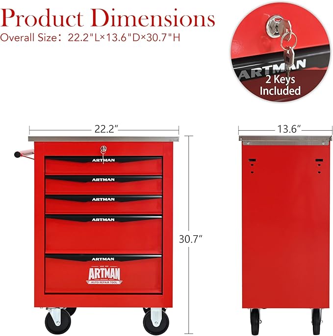RYH 4/5/6/7 Drawers Rolling Tool Chest -Heavy Duty Mobile Metal Tool Box with Locking Wheels, with Stainless Steel Worktop, Garage Tool Storage Cabinet (Red, 5-Drawers 30.7 H¡¿22.2 W)