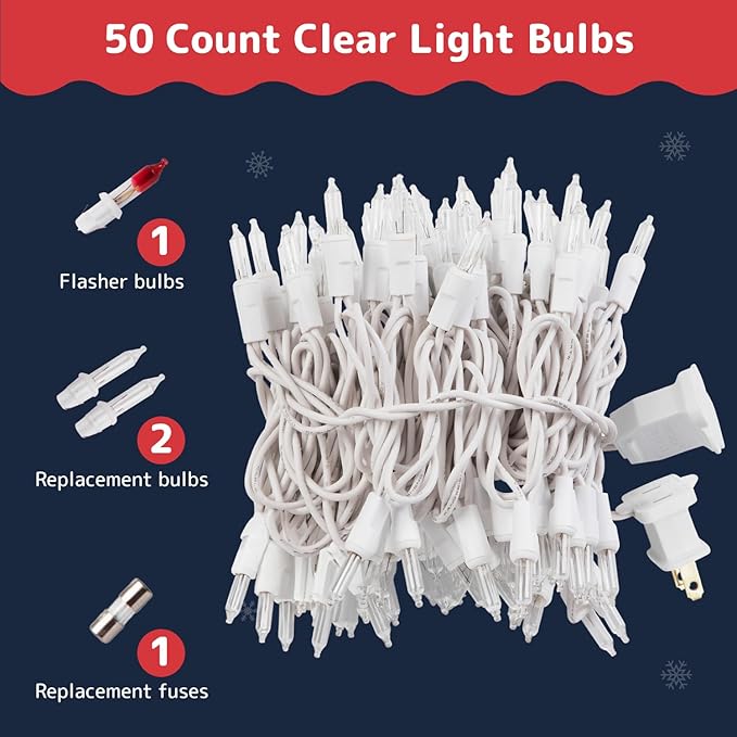 PREXTEX 10 Ft String Lights with Christmas Tree Light Warm White - Indoor/Outdoor Decor - 50 Count Christmas Lights for Holidays - Xmas Light on White Wire - Multi-Strand Connectable