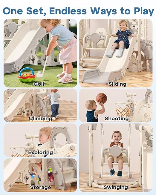 BIERUM Toddler Slide and Swing Set, 7-in-1 Indoor Outdoor Toddler Playset with Climber, Basketball Hoop & Golf Toys, Playground for Kids Ages 1+, Cream&Gray
