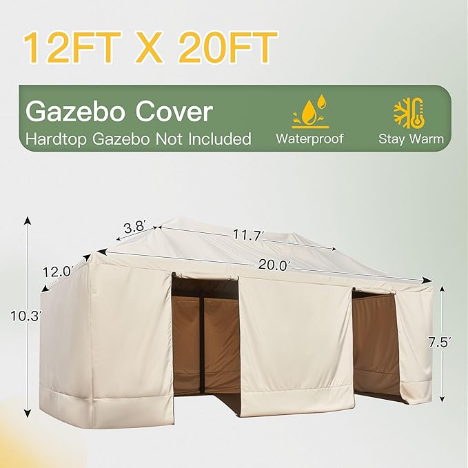 MELLCOM Winter Gazebo Cover for 12×20 Hardtop Gazebo, Accessories for All Seasons, with Mesh Screens and Doors and Windows