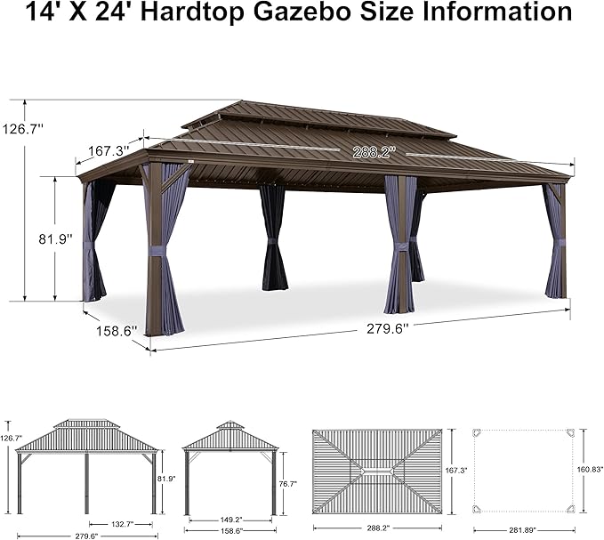 PURPLE LEAF 12' X 24' Outdoor Hardtop Gazebo Patio Wide Aluminum Frame Metal Double Roof with Heavy Duty Netting and Curtains for Permanent Hard Top Pavilion Screen, Navy Blue