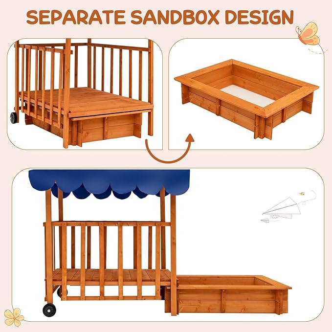 Costzon Kids Retractable Sandbox with Canopy, Wooden Cedar Cabana Playhouse w/Large Play Area, Rear Wheels and Guardrails for Backyard Garden Lawn Beach, Sandbox with Lid for Children Outdoor Play