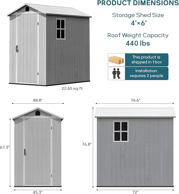 Greesum 4x6FT Plastic Outdoor Storage Shed with Floor, Resin Storaged Sheds with Lockable Door, All Weather Durable Tool Shed with Window and Vent, for Garden, Backyard, Patio, Light Gray