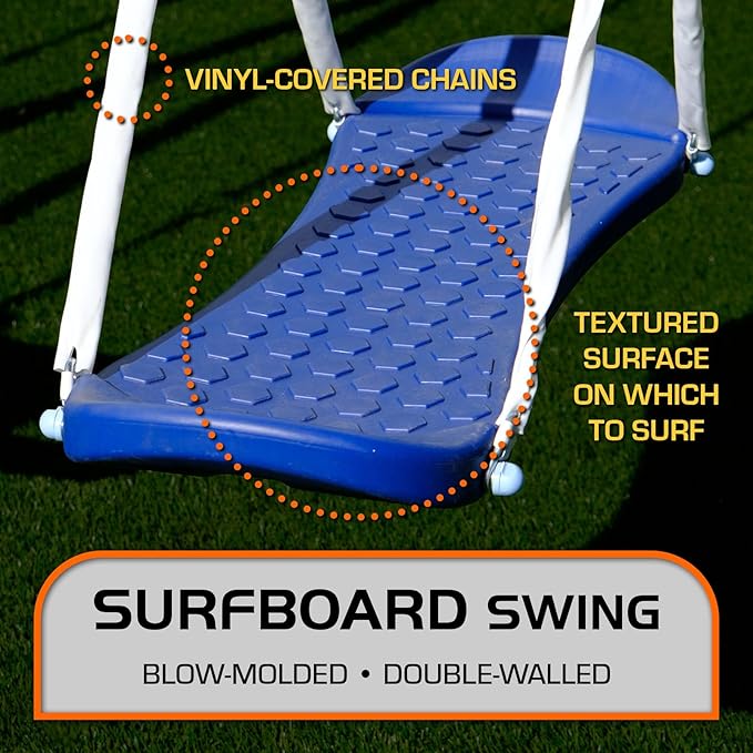 TSC Malibu Swing Set for Kids, Outdoor Metal Playset with 5ft Slide, 38" Saucer, Surfboard Swing, Standing & Blow-Molded Swing – Backyard Fun with 500lbs Max Capacity