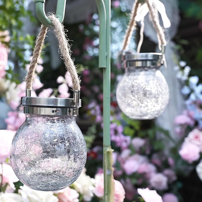 Cooo Christmas Gifts 4 Pack Heavy Crackle Glass Solar Lantern with 30 LED Firefly Lights– Waterproof Outdoor Hanging Lamp 215% Larger Solar Panel, Stainless Steel Lid Decorative Lighting for Garden