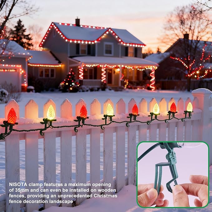 C9 LED Outdoor Christmas Lights,C9 String Lights with Quick Clips,for Xmas House Roof Gutter,Plug in & Connectable,132FT 200 Light,Red White Faceted