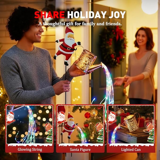 Christmas Santa Solar Kettle Lights Garden Lawn Decorative Lights, Hanging Metal Solar Santa Claus Watering Can Light for Outdoor, Xmas Yard Decor Lamp Vintage Lantern for Patio Path (Multicolor)
