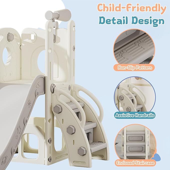 6 in 1 Toddler Slide, Kids Slider for 1-3, Indoor Outdoor Playset Playground with Basketball Hoop, Storage, Climber and Telescope, Great Gift for Baby & Child, Grey and White