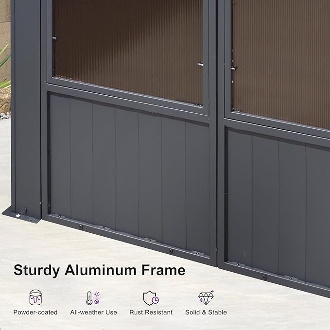 PURPLE LEAF 12' X 16' Solarium Sunroom Permanent Hardtop Screened Gazebo Galvanized Steel Double Roof Aluminum Outdoor Enclosed Gazebo for Hot Tub Lawn Deck Backyard Grey