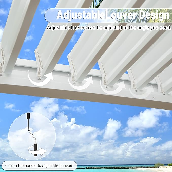 10’ x 13’ Louvered Pergola, Outdoor Pergola Aluminum Frame with Adjustable Rainproof Metal Roof, Permanent Sun Shade with Drainage System for Backyard, Garden and Lawn (White)