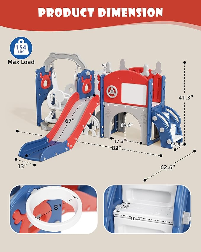 XJD 13-in-1 Toddler Slide and Swing Set, Kids Slide for Toddlers Age 1+, Toddler Outdoor Playset New Upgrade with Golf Set, Basketball Hoop, Drawing Board for Playground (Red Blue)