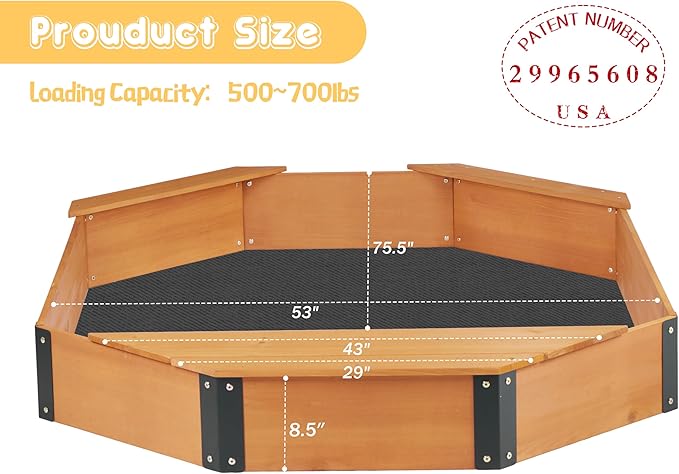 75.5''x53''x8.5'' Octagon Sandbox with Storage Box for Kids Outdoor Play, Wood Large Sandpit with Cover & 3 Benches, Quick Easy Install
