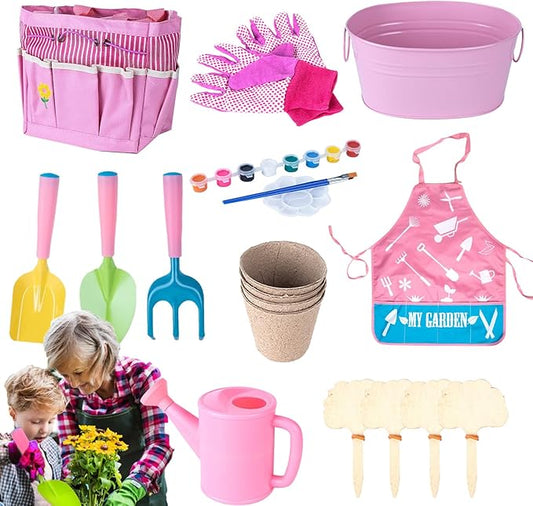 Kids Gardening Tools, 20-Piece Outdoor Garden Toy Set, Fun Child Gardening Play Kit with Watering Can, Shovel, Rake, Gloves, and Storage Bag for Boys and Girls