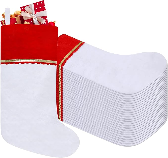 24 Pack Felt Christmas Stockings, 19 Inch White & Red Stockings with Gold Trim