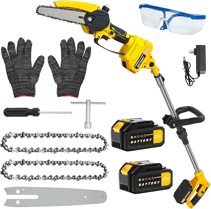 2 in 1 Cordless Pole Saw & Mini Chainsaw, 6-inch Brushless Electric Chainsaw with 2 Battery, 5.9 Ft MAX Reach Pole Saws for Tree Trimming, Tree Branch Cutter