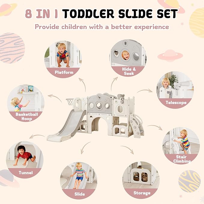 8 in 1 Toddler Slide, Outdoor Indoor Playset for Kids Baby Age 1 2 3, Childs Climber Slide with Storage Space and Non-Slip Steps, Basketball Hoopa and Telescope, Gray & White