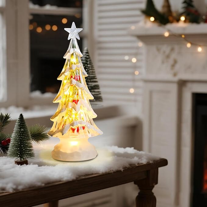 Small Christmas Tree White Acrylic Tree with Red Berries 11 Inch Tabletop Christmas Tree with LED Lights Timer Vintage Christmas Decoration Battery Operated Medium Transparent