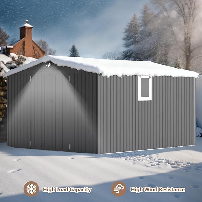 10x12 FT Outdoor Storage Shed, Metal Garden Shed - Tool Storage Sheds with Lockable Doors & 1 Vented Clear Window, Waterproof Outside Storage Building for Backyard, Patio (Black; Floor Not Included)