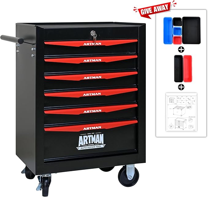 RYH 6 Drawers Rolling Tool Chest - Heavy Duty Mobile Tool Cart with Locking Wheels & Ball Bearing Drawers£¬30.5 H x 20.9 W x 13 D, Garage Tool Storage Cabinet (Black, 6 Drawers)