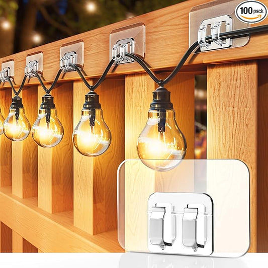 Hooks for Outdoor String Lights - 100 Pack with Adhesive Strips - No Damage, No Tools, No Holes, Waterproof and UV-Resistant, Perfect for Christmas and Patio Decor