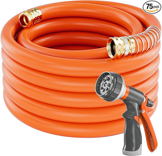 SPECILITE Garden Water Hose 75 ft x 3/4 in Heavy Duty, Flexible and Lightweight, Burst 600 psi, Kink-less Hybrid Rubber Pipe for Backyard, 3/4'' Brass Fittings, Orange