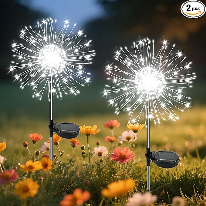 Garden Outdoor Lights, 2 Pack 120 LED Solar Garden Lights Fairy Lights Outdoor Waterproof Decorative Solar Firework Lights for Yard Patio Pathway Flowerbed Party Wedding Decor, White