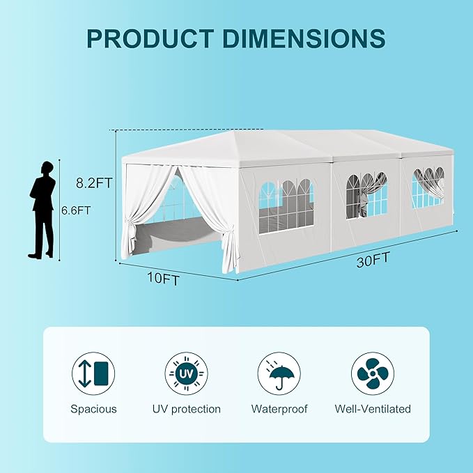 10' x 30' Outdoor Party Canopy Tents with 8 Detachable Sidewalls, White Patio Gazebo Shade Event Shelter Tents with Transparent Windows for Party, Wedding, Birthday, Events, Gatherings, BBQ