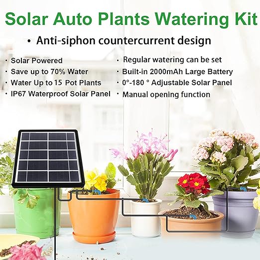 Solar Powered Automatic Drip Irrigation Kit with 15 Drippers - IP67 Irrigation System with Programmable Controller and Anti Backflow Siphon Pump for Garden and Landscape Use