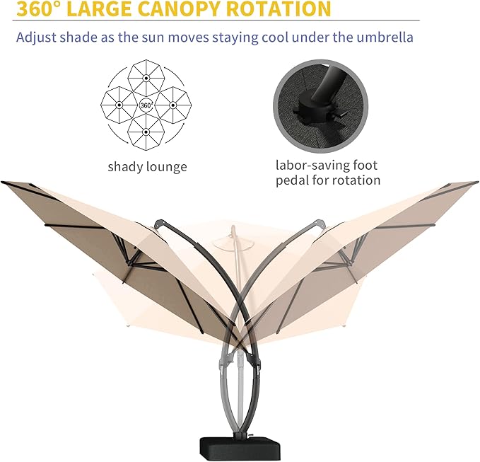 Kingdura 12ft Offset Cantilever Patio Umbrella with Base Included, Large Round Aluminum Outdoor Umbrella, 360° Rotation & Infinite Tilt, Heavy Duty Frame for Deck Pool Backyard, Beige