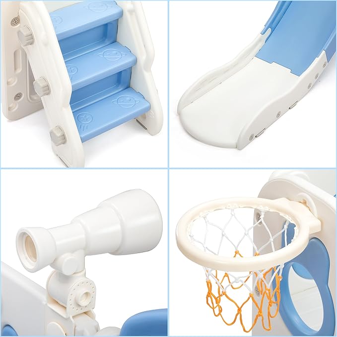 8-in-1 Toddler Slide and Climber Playset, Kids Slide Playground with Stairs, Tunnel, Telescope, Storage, Basketball Hoop and Ball, Indoor Outdoor, 1-3 Years Old, Blue