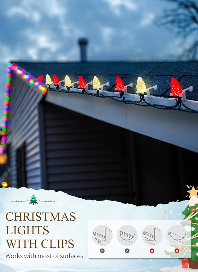 C9 LED Christmas Lights Outdoor, 68 Ft 100 LED C9 String Lights with 100 All in One Clips, Connectable Waterproof Christmas Tree Lights for Outside Roofline Backyard Garden Decor, Red & Warm White