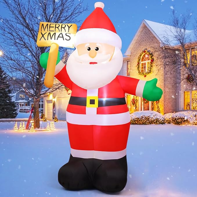 GOOSH 8 FT Christmas Inflatables Santa Claus Outdoor Decorations Blow Up Yard Santa Claus Holding Merry Xmas Sign with Built-in LEDs for Holiday Party Xmas Yard Garden Lawn Decor