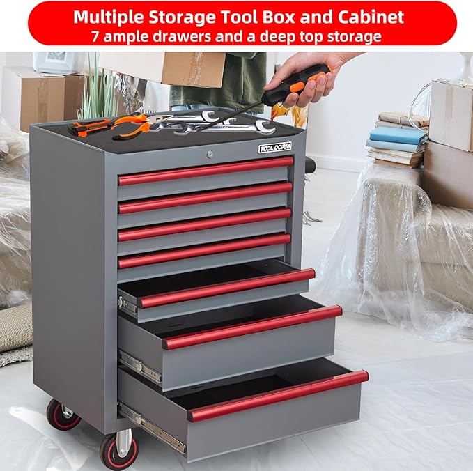 7-Drawer Rolling Tool Chest with Locking Wheels & Drawers, 18.11 D x 26.61 W x 38.3 H Mobile Tool Storage Cabinet, Heavy-Duty Garage Organizer with Ergonomic Handle