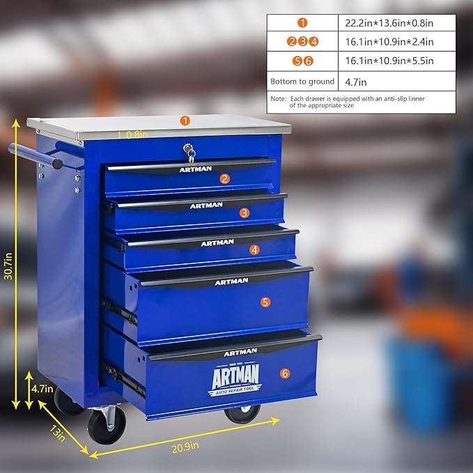 RYH 4/5/6/7 Drawers Rolling Tool Chest -Heavy Duty Mobile Metal Tool Box with Locking Wheels, with Stainless Steel Worktop, Garage Tool Storage Cabinet (Blue, 5-Drawers 30.7 H¡¿22.2 W)