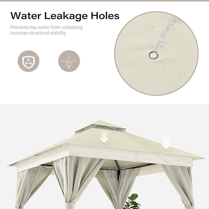 LAUSAINT HOME Semi-Permanent Patio Gazebo 10'x10' with Expansion Bolts, Outdoor Heavy Duty Party Tent with Double Roofs, Mosquito Nettings and Privacy Screens for Backyard, Garden, Lawn, Cream White