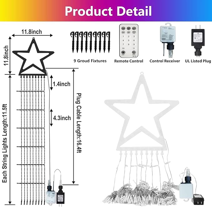 Decute Christmas Decorations Star String Lights Color Changing 11 Modes and Timer with Remote, Waterproof 320 Led Tree Toppers Fairy Lights for Outdoor Yard Garden Backyard Holiday Decor