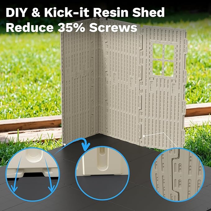 Devoko 10 x 8 FT Resin Outdoor Storage Shed, Extra Large Plastic Shed with Skylight, Floor and Lockable Door, Storage Bike, Tools, Lawn Mower for Garden, Backyard, Patio, Beige