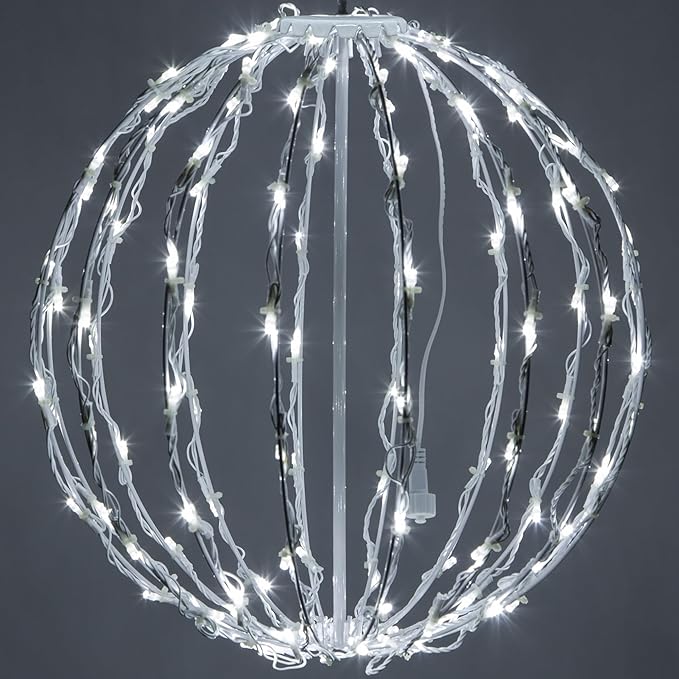 Wintergreen Lighting LED Light Ball – Indoor/Outdoor Christmas Light Balls, Light Spheres Outdoor/Sphere Light Fold Flat Metal Frame (16, White Frame/Cool White Lights)