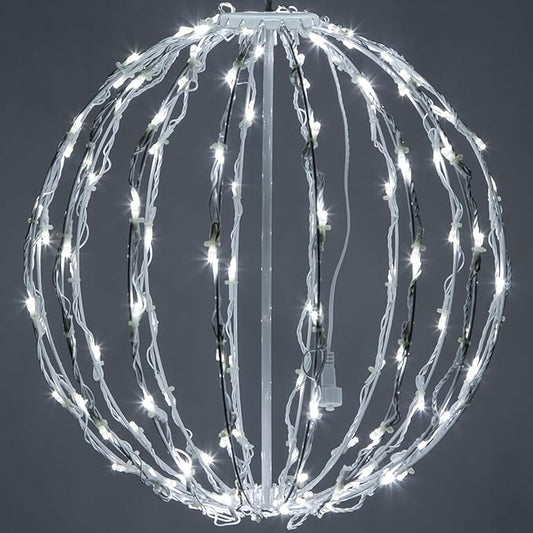 Wintergreen Lighting LED Light Ball – Indoor/Outdoor Christmas Light Balls, Light Spheres Outdoor/Sphere Light Fold Flat Metal Frame (16, White Frame/Cool White Lights)