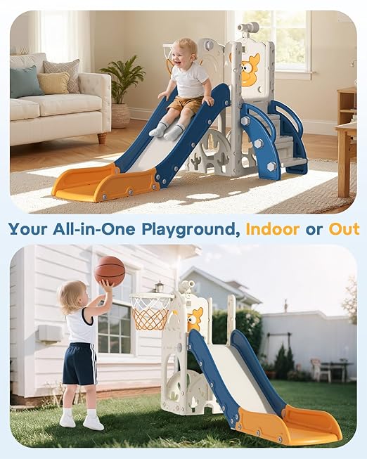 BIERUM Toddler Slide for Kids,6-in-1 Indoor Outdoor Toddler Slides Playground with Basketball Hoop, Golf Game & Telescope, L-Shaped Baby Slide Climber Playset, Blue&Yellow