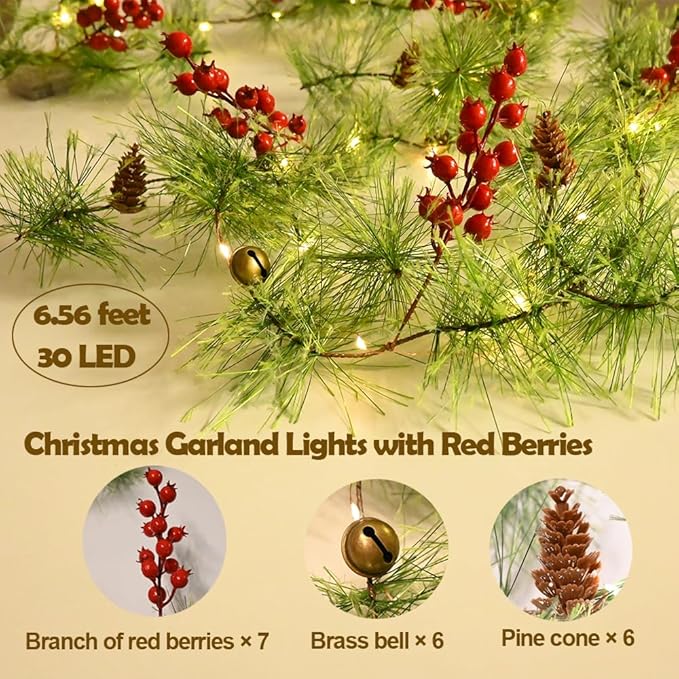 Christmas Garland Lights 6.56 FT Smokey Pine Garland with 30 LED Fairy Lights Battery Operated Garland Lights with Red Berries Bells Pine Cones Christmas Indoor Home Decorations