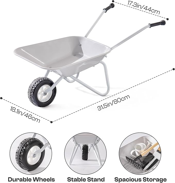 ROBOTIME Kids Wheelbarrow with Gardening Set – Metal Wheelbarrow Toddler Outdoor Play Toy with Garden Tools, Watering Can & Plant Labels, Pretend Play Yard Equipment for Boys and Girls (Gray)