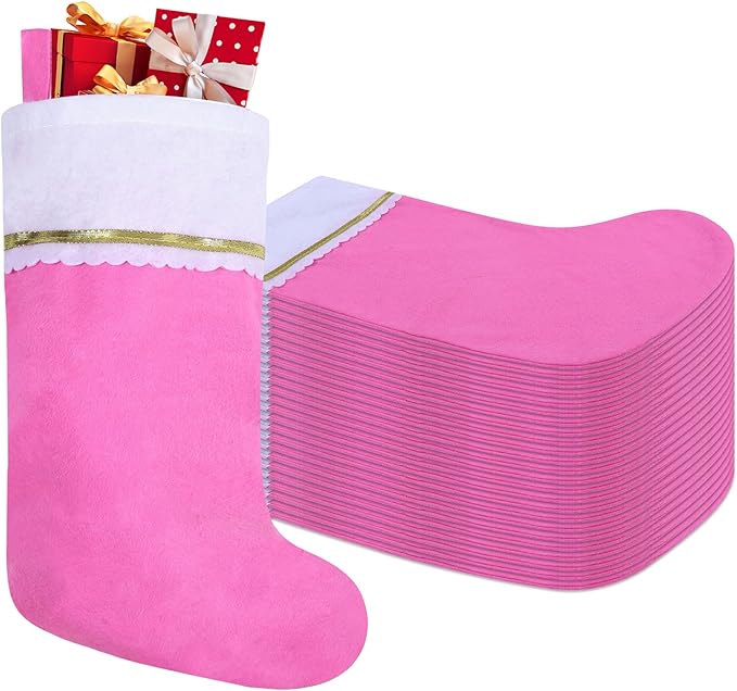 24 Pack Felt Christmas Stockings, 19 Inches Pink and White Christmas Stockings Hanging Ornaments, White Cuff with Gold Trim Xmas Stockin for Family Christmas Holiday Decorations
