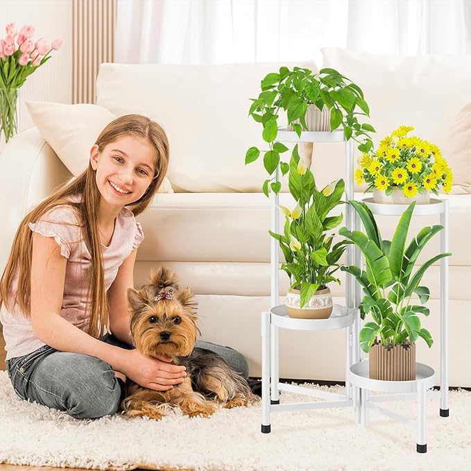 iDavosic.ly Plant Stand Indoor Outdoor, 4 Tier Corner Metal Flower Display Holder Shelf, Easy Assembly Folding Tall Orchid Rack for Patio Balcony Porch Garden Living Room House, White