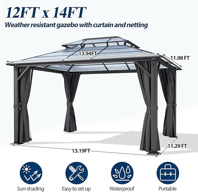 COVERONICS 12FT x 14FT Patio Polycarbonate Hardtop Gazebo with Steel Frame - Outdoor Translucent Double Roof Gazebo with Netting & Curtains for Lawn, Garden, Backyard, Poolside