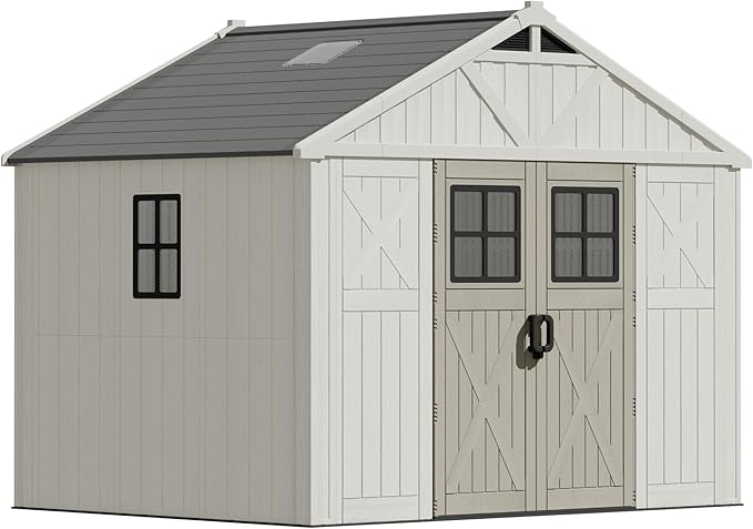 Devoko 10 x 8 FT Resin Outdoor Storage Shed, Extra Large Plastic Shed with Skylight, Floor and Lockable Door, Storage Bike, Tools, Lawn Mower for Garden, Backyard, Patio, Beige